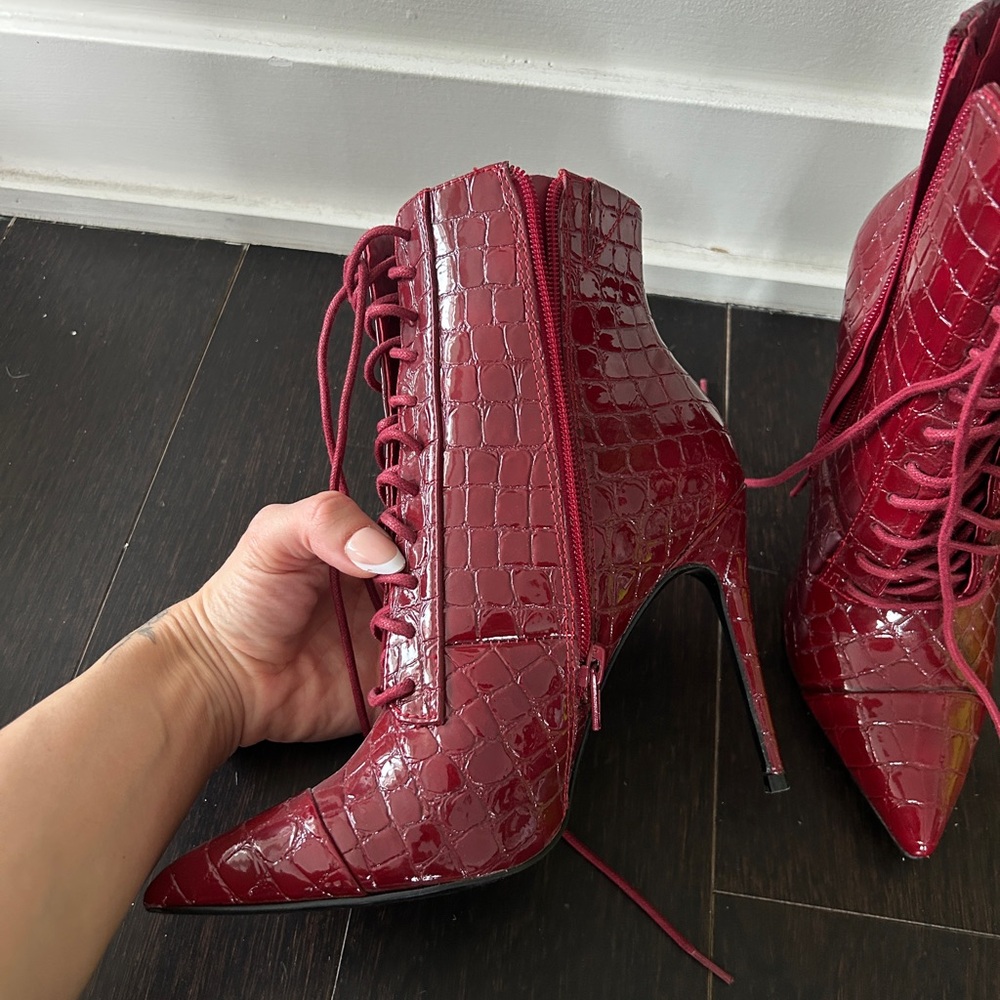 Burgundy Croc-Embossed Lace-Up Pointed Stiletto Booties - Picture 3 of 6